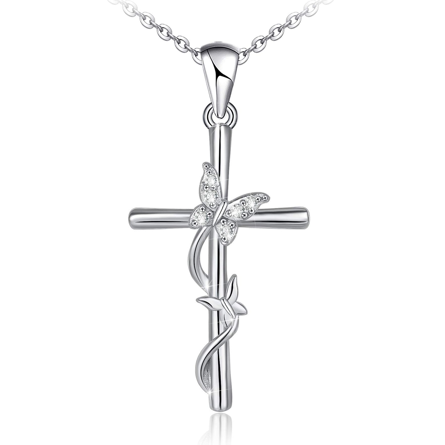 Distance Cross Necklace for Women 925 Sterling Silver Double Butterfly Pendant Necklace for Mom Wife Gift for Mother's Day or Birthday