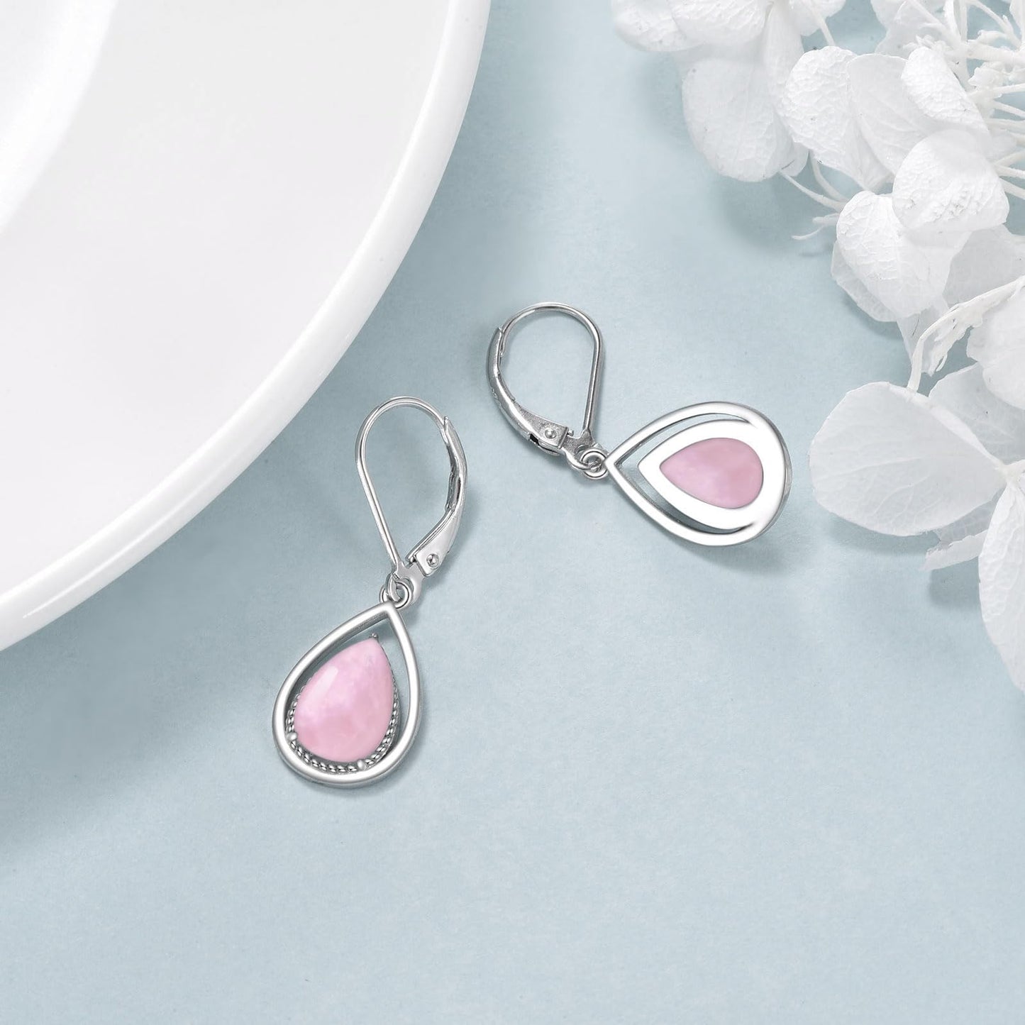 VONALA Valentine's Day Gifts 925 Sterling Silver Rose Quartz Leverback Earrings Pink Stone Teardrop Drop Dangling Earrings Jewelry Gift for Women