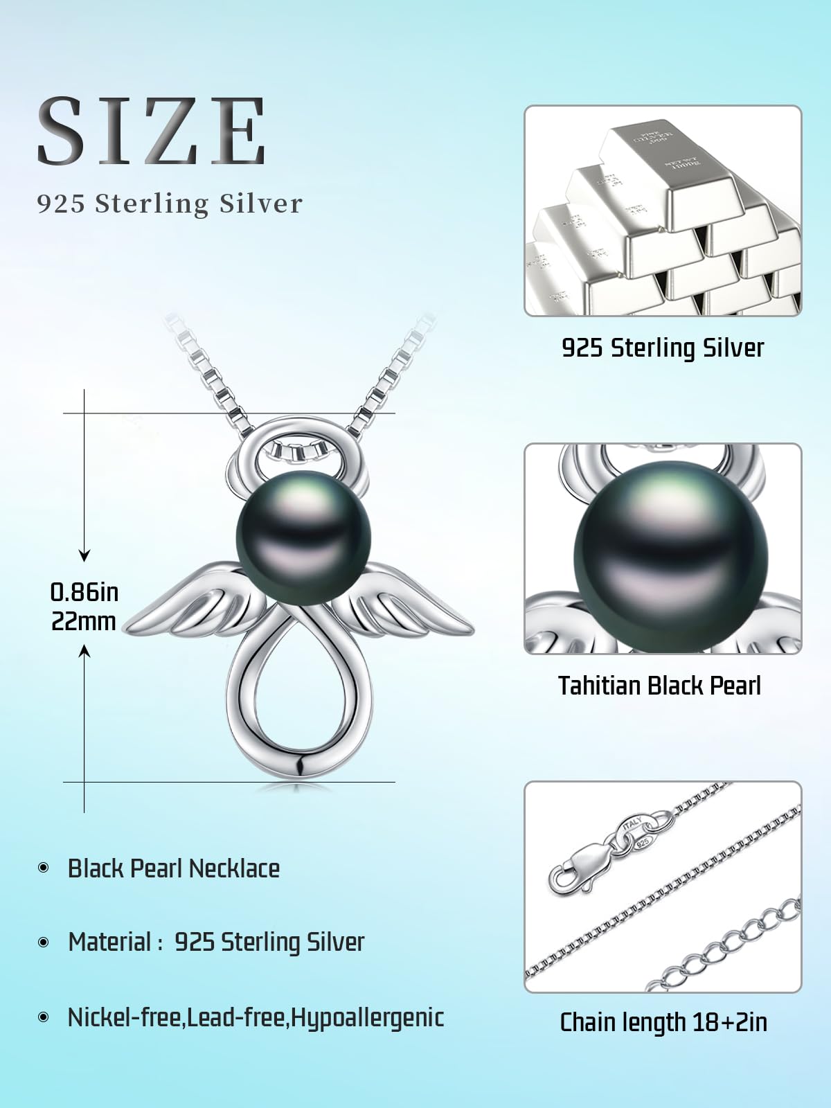 KANNSOAR Tahitian Black Pearl Necklace for Women 18K White Gold Plated Sterling Silver Angel Pendant Necklace Black Pearl Jewelry Gifts for Wedding Graduation Birthday Anniversary