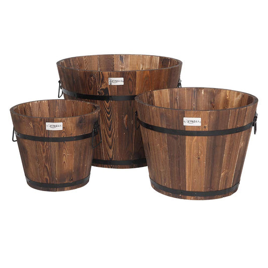VINGLI 3 PCS Large Wooden Planter Barrel Set, 11.5"(Dia)- 18"(Dia) Real Wood Indoor/Outdoor Flower Pot w/Drainage Holes, Different Sizes, Large Garden Container Box
