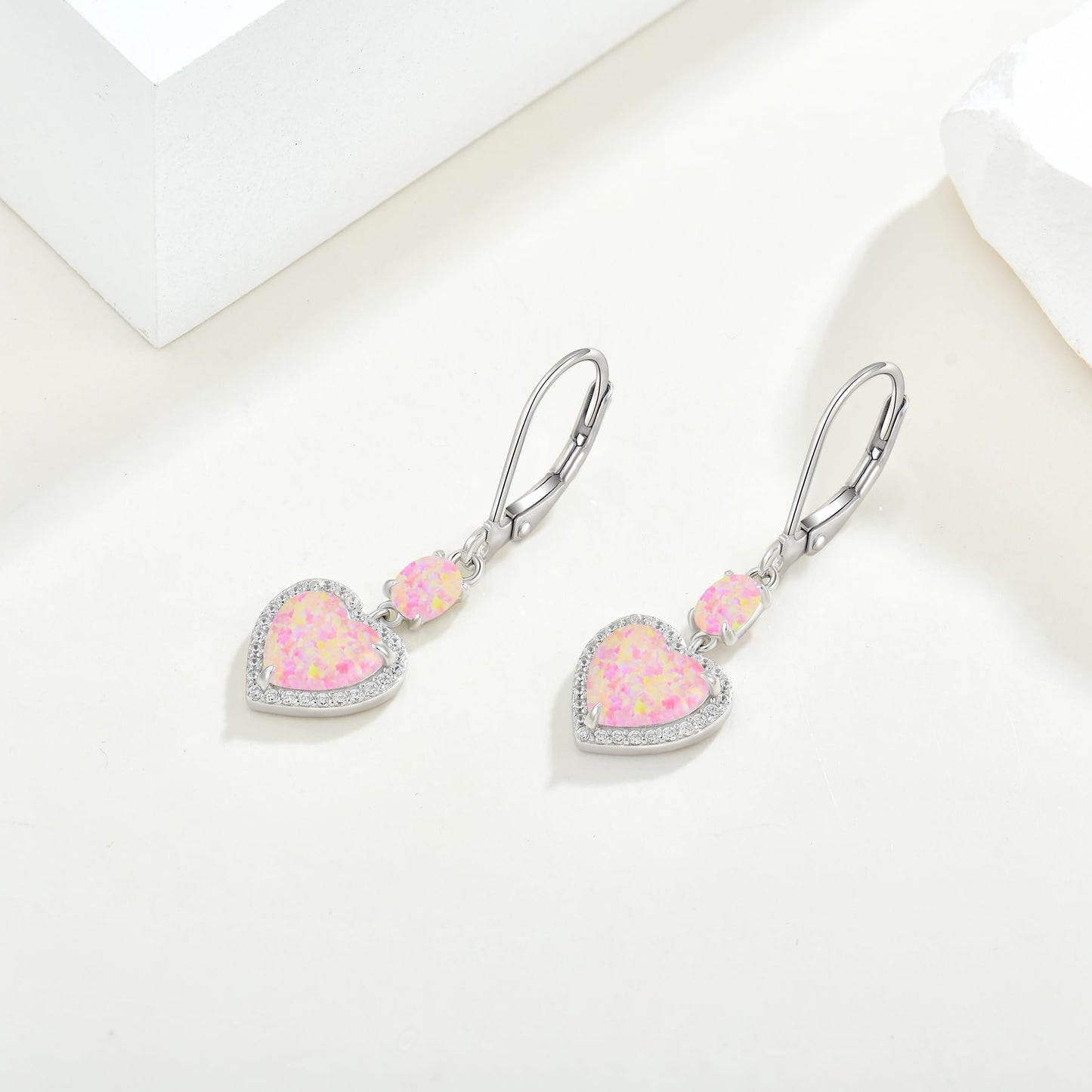 FYNSBLE Pink Heart Opal Earrings for Women Sterling Silver Gemstone Leverback Earrings Hypoallergenic Jewelry for Women