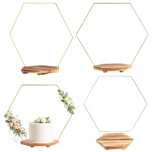 MJRASG 4 Pack Hexagonal Floral Hoops with Stand 14 Inch Wedding Cake Stand Metal Rings for DIY Centerpiece Table Decorations Crafts Wreath Wedding Birthday Wreath Candle Rings, Gold