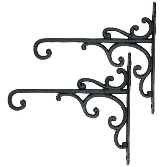 Sungmor Cast Iron Wall Hook Plant Hangers - Home & Garden Heavy Duty Hanging Bracket Plant Hooks - 2PC BLACK Decorative Wall Mount Hooks for Hanging Planter Pot Bird Feeder Birdcage Lantern Wind Chime