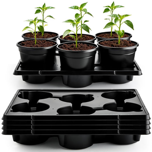 RooTrimmer 6 Inch Plastic Plant Pots 30 Pack and 6 Cell Nursery Pots Trays 5 Pack, Sturdy Seeds Starting Germination Shuttle Carrying Trays, Black Nursery Planting Propagation 5 Sets