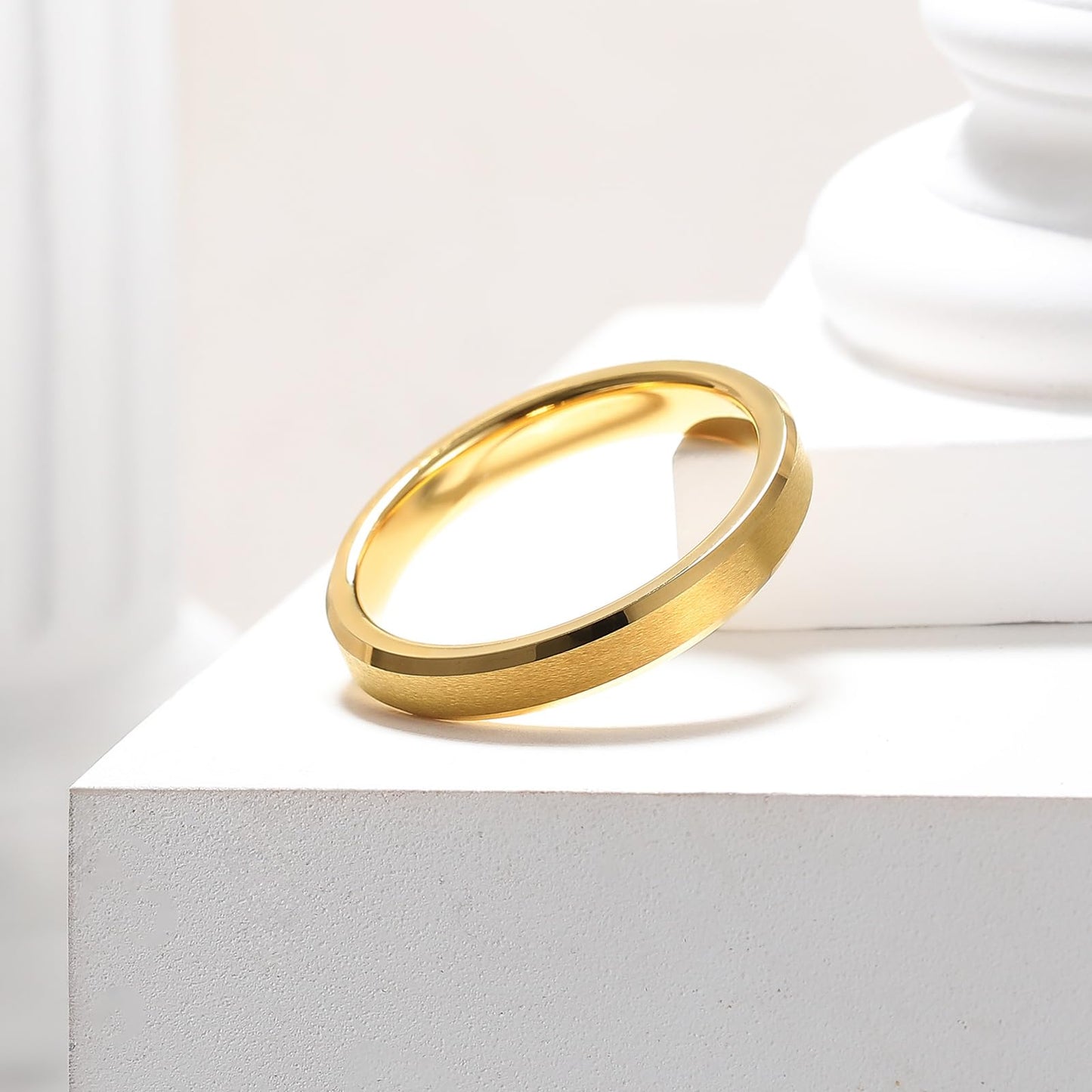 King Will 4mm Gold Tungsten Wedding Band Basic Wedding Ring For Men with Brushed Matte Surface Beveled Polished Edge Comfort Fit 10
