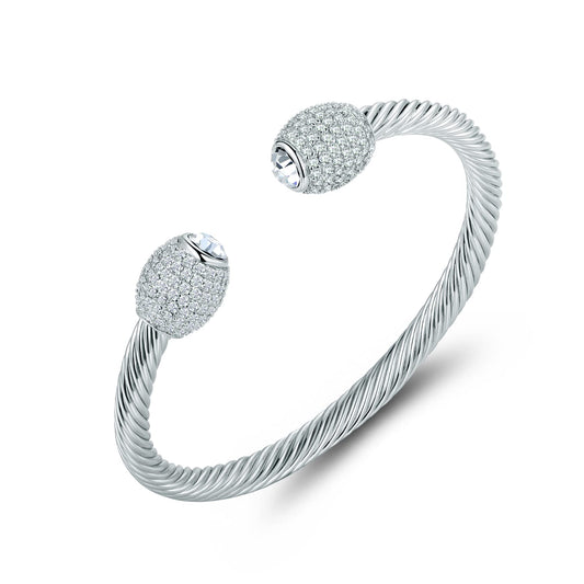 Barzel 18K Gold Plated Crystal Cable Bangle Bracelet For Women - Cuff Bangle Bracelet (Silver)