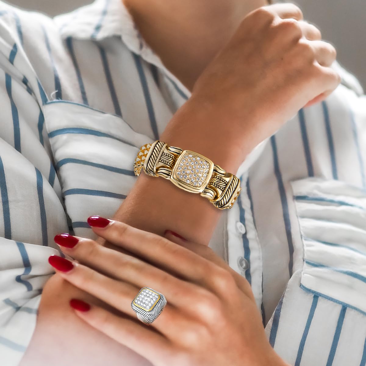 UNY Jewel Twisted Cable Ring Designer Inspired Fashion Brand David Square Pave CZ Women Two Tone Jewelry (White, 8)