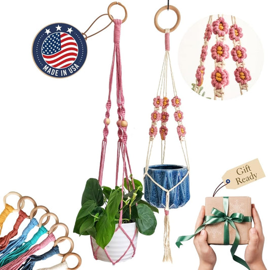 Set of 2 Macrame plant hanger with Daisies & Beads | Hanging plant holder Macrame Plant hangers outdoor and indoor hanging planters Plant stand indoor Boho Decor hanging planter stand (Champagne Pink)