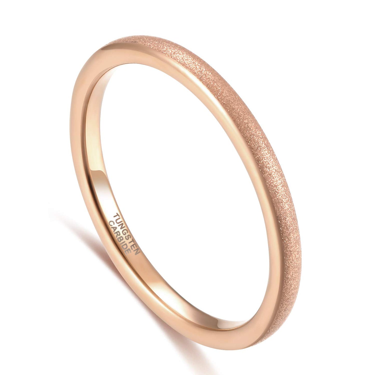 Greenpod 2mm Thin Rose Gold Plated Tungsten Ring for Women Dome Sandblasted Stackable Wedding Bands Comfort Fit Size 5.5