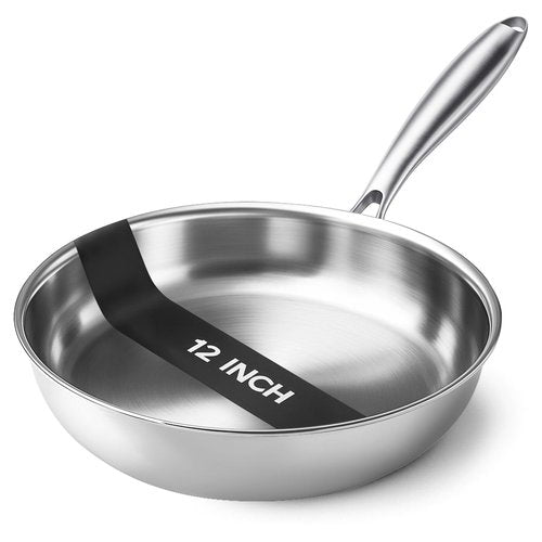 Kirecoo Tri-Ply Stainless Steel Pan - 12 Inch Frying Pan, Fast and Even Heat Stainless Steel Skillet, Induction Cookware, Dishwasher and Oven Safe Skillet