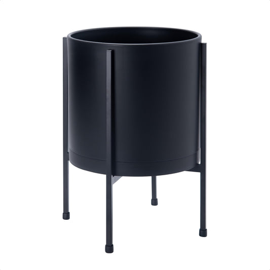 D'vine Dev 10 Inch Black Planter Pot with Stand – Modern Plastic Cylinder Flower Pot with Heavy-Duty Metal Stand for Indoor Plants, 55-D-B-2