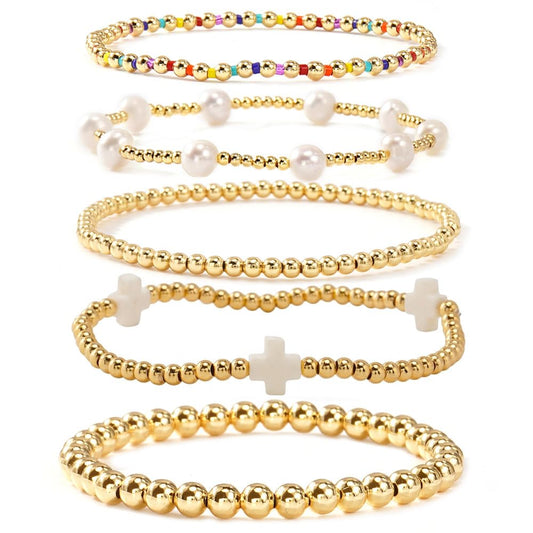 Bohxantium 14K Gold Beaded White Cross Bracelets for Women Dainty Pearl Colorful Seed Beads Stretch Stackable Non Tarnish Bracelet Stack Boho Christian Jewelry Accessories Birthday Prom Friendship Gift
