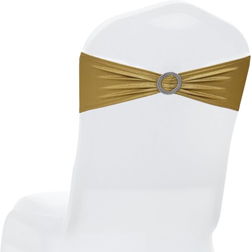 MDS Spandex Foil Chair Sashes - Universal Elastic Stretch Ties with Buckle for Weddings | Metallic Gold - Pack of 50