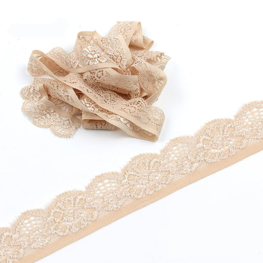 20 Yards 1inch Wide Stretchy Lace Trim 1inch Wide Embroidered Floral Lace Fabric Scalloped Edge Ribbon for Bra Lingerie Underwear Sewing Craft (Beige)