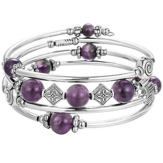 Beaded Pearl Bangle Wrap Bracelet - Fashion Bohemian Jewelry Multilayer Charm Bracelet with Thick Silver Metal Beads, Gift For Women(Purple)
