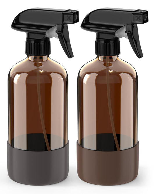 Bontip Glass Spray Bottle with Silicone Sleeve Protection, Amber Glass Spray Bottle Set for Window Cleaner Aromatherapy Facial Hydration Watering Flowers Hair Care 2 Pack/16 oz (Brown & Grey, 16 oz)