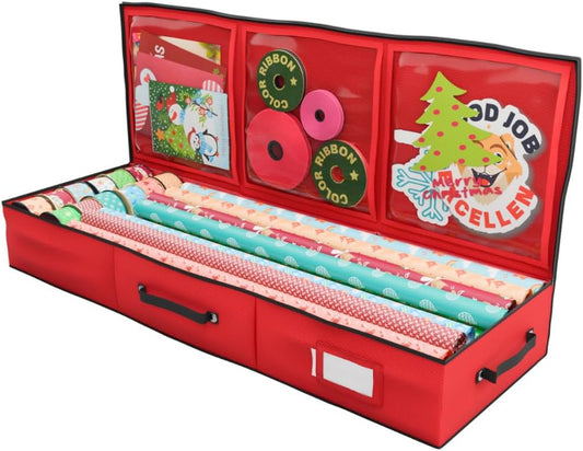 Primode Wrapping Paper Storage Container - Gift Wrap Organizer Under Bed | Fits 18-24 Rolls Up to 40” | 600D Oxford | Red with Pockets for Ribbons and Bows