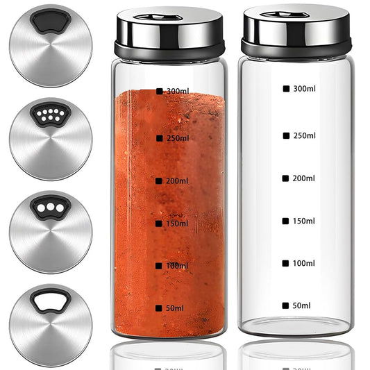 2 Pack 300ml Salt and Pepper Shakers, Salt Shaker with Adjustable Pour Holes, Spice Shaker, Glass Seasoning Shaker with Stainless Steel Lid, Spice Container for Kitchen