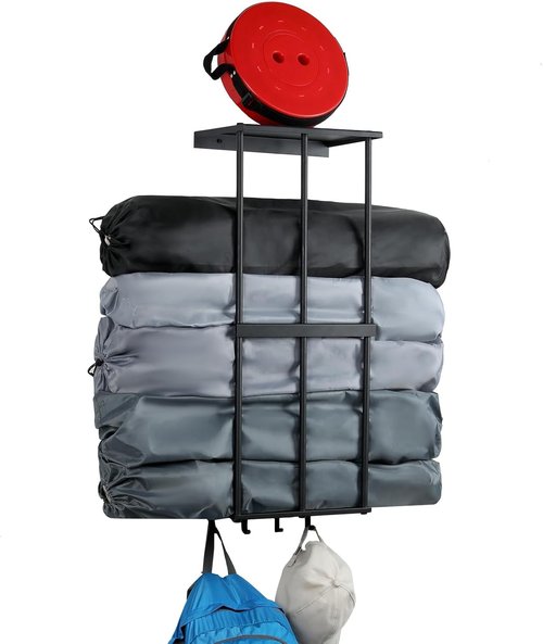 Camping Chair Rack - Wall-Mounted Metal Organizer with 4 Hooks for Garage Storage & Beach Chairs