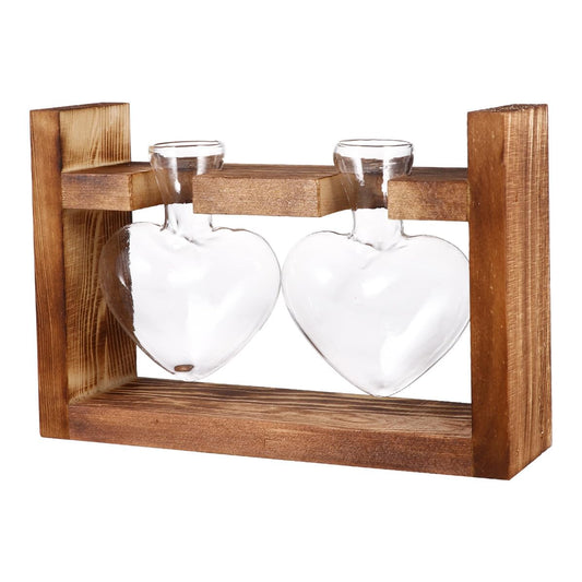 BESPORTBLE 2Pcs Heart-Shaped Glass Hydroponic Containers with Retro Wooden Rack Temperature-Resistant Terrarium Vases for Tulips Roses and Green Plants Decorative Flower Holders for Home and