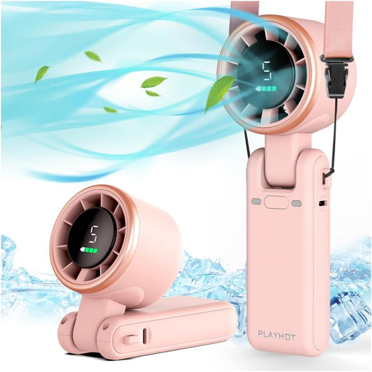 PlayHot Portable Handheld Turbo Fan - 5-Speed Rechargeable Personal Fan | 5000mAh Battery, 12-Hour Use, Lightweight 0.6lb, 3-in-1 Design (Pink)