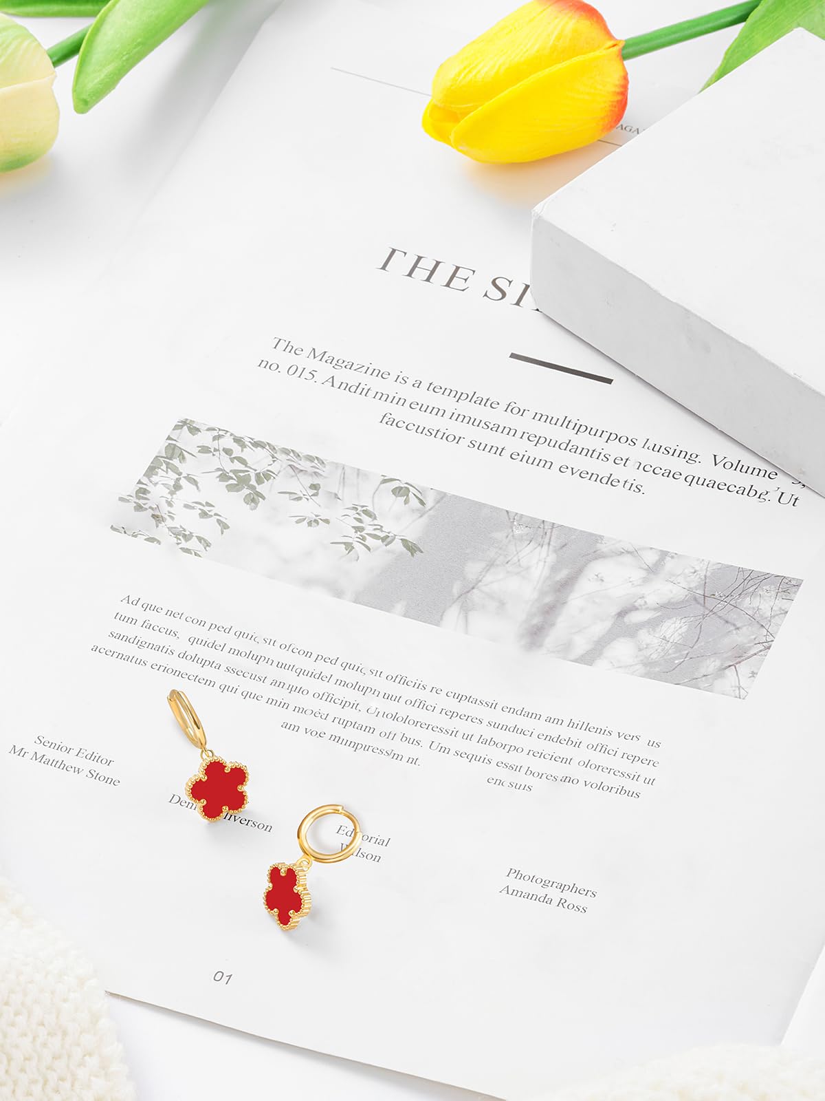 Gold Plated Five Leaf Clover Dangle Earrings for Women Lucky Flower Jewelry (Red-14K Gold Plated)