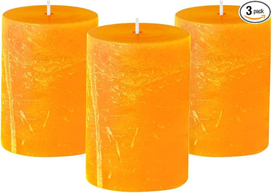 Simply Soson 3x4 inches Orange Candles & Fall Set, Rustic Texture Dripless Pillar Candles, Set of 3