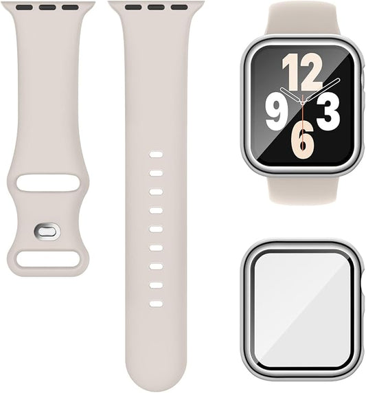 Compatible for Apple Watch Band 38mm and Case with Screen Protector, Soft Silicone Sport Strap Bands and Protective Cover with Tempered Glass for iWatch Series 9 8 7 SE 6 5 4