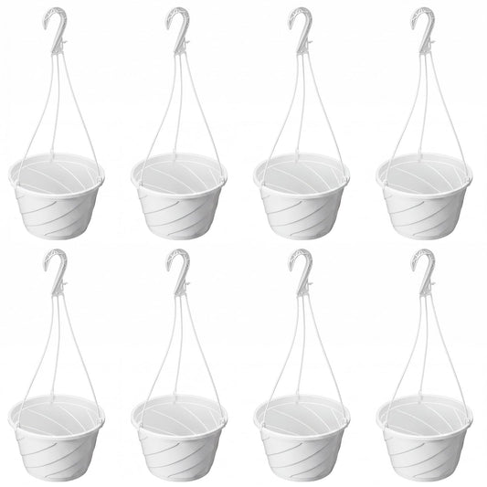 Romooa 8 Pcs 10 Inch Modern Euro Swirl Hanging Planter Uv-Resistant Plastic Hanging Basket Smart Drainage Lightweight Indoor Outdoor Flower Pots for Garden Porch Balcony Patio Home Decor (White)