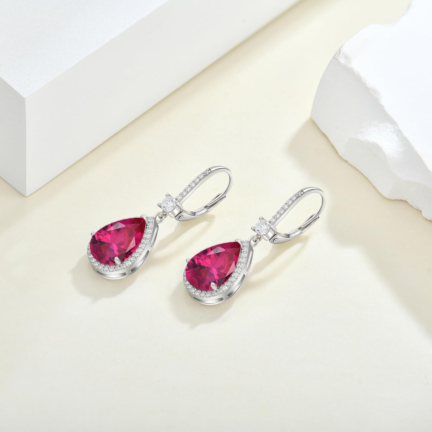 FYNSBLE Dangle Drop Earrings for Women,Sterling Silver Ruby Birthstone Leverback Earrings Hypoallergenic Jewelry for Women