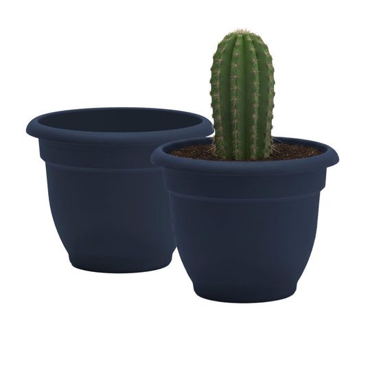 Bloem Ariana 12" Self-Watering Plastic Planter - Rolled Rim Indoor/Outdoor Garden Pot, Navy, 2-Pack
