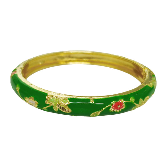 BlingNook Cloisonne Bracelet For Women, Chunky Bangle Trendy Cute Flower Enamel Bangles Multi Tone Engraved Cuff Gold Plated Bracelets Stackable Wife Jewelry Friendship Gift (Emerald Green, One Size)
