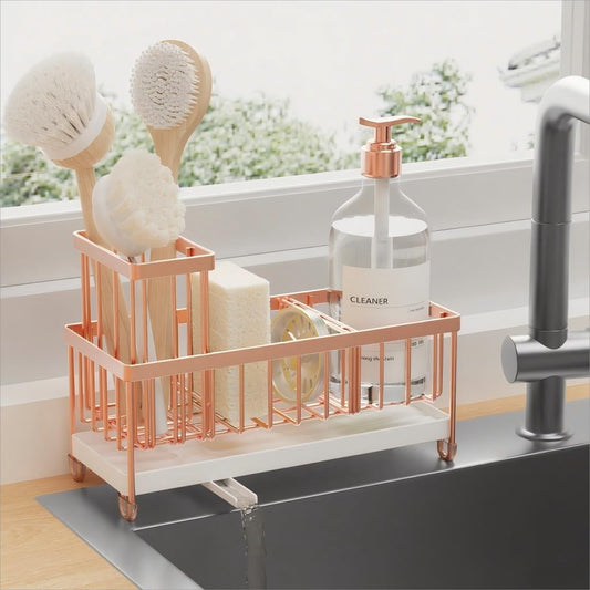 Cisily Kitchen Sink Caddy Organizer - Rustproof 304 Stainless Steel with High Brush Holder | Rose Gold, 9.25â