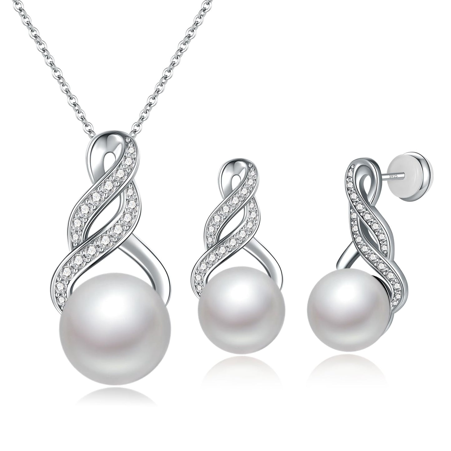LOIPURI Pearl Necklace and Earring Set for Women - 925 Sterling Silver Pearl Jewelry Set Rhodium/Gold Plated Anniversary Birthday Gifts Packaged in Preserved Rose Box