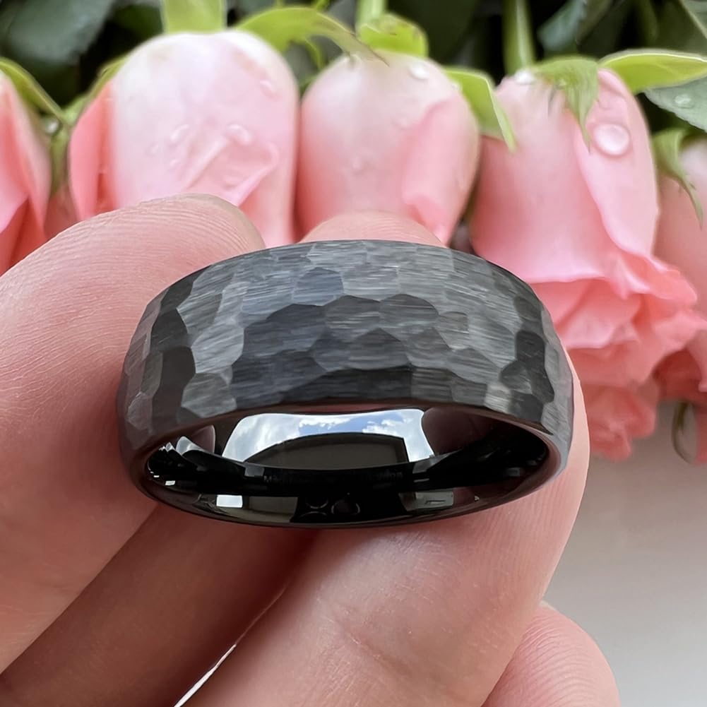 TUTISS 8mm Black Hammered Tungsten Carbide Rings for Men Women Engagement Wedding Bands Domed I Love You Engraved Comfort Fit Size 10