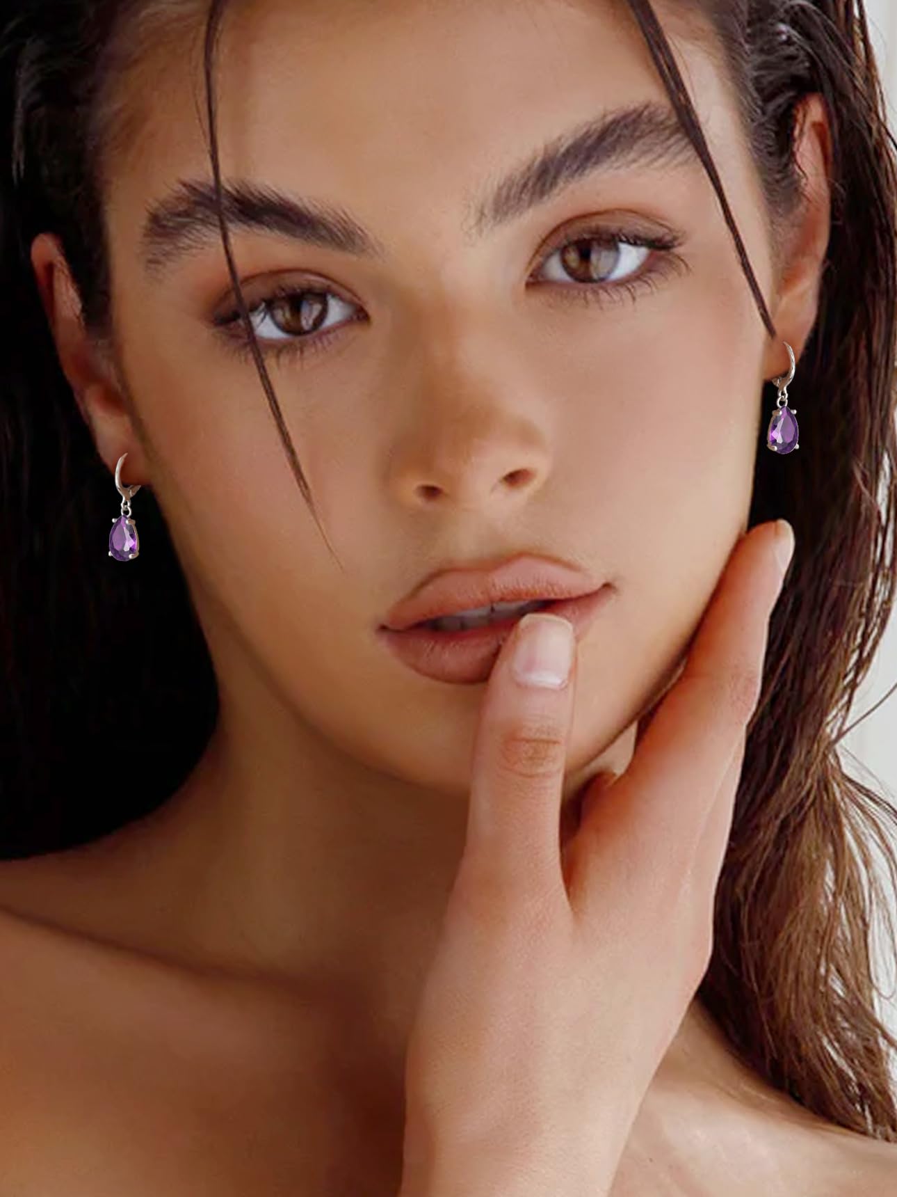 Bestyle Silver February Birthstone Dangle Earrings - Amethyst Crystal Drop Baguette Earrings for Women - Dainty Cute Small Silver Huggie Hoop Dangle Earrings for Birthday Wedding Party Gowns