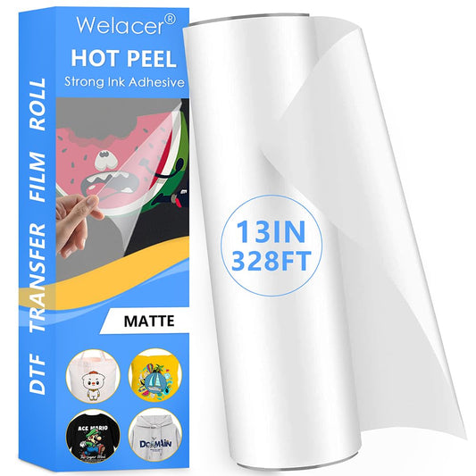 Welacer DTF Transfer Film Roll 13 Inch x 328 FT for Double-Side Matte Clear Pretreat Sheets, PET Heat Transfer Paper for Inkjet Printer Direct Print on T Shirts Textile