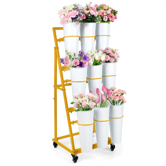 LEALIBAUSS 3FT Flower Display Stand with 9 Buckets,Metal Flower Bar Stand with Wheels,3 Layers Moving Florist Bouquet Shelf for Indoor Outdoor Garden,Flower Shop,Wedding,Party Decor (GOLD)