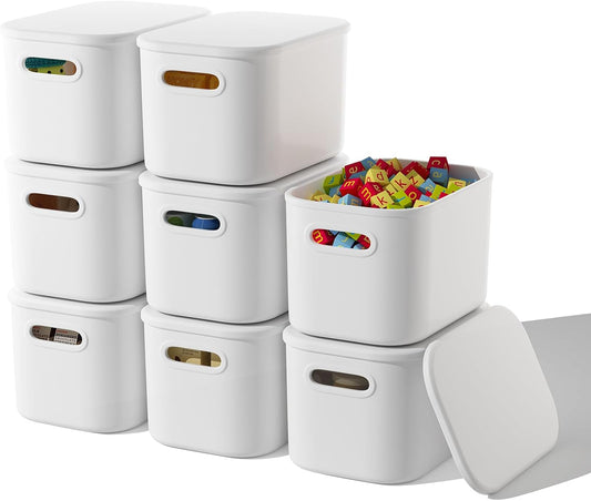 ORGIDOL 8 Pack White Storage Bins - Stackable Containers with Lids for Organizing Crafts & Snacks | 9.85x6.9x5.7 Inch