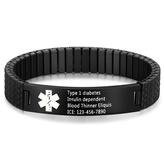 Bijouweled Medical Alert Bracelet for Women Men 7.5 to 9.8 Inches Emergency ID Bracelets Free Engraving Personalized Medic Alert Bracelet for Adult (Black 7.3inch stretchable)