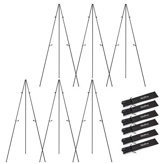 Nicpro Art Folding Easels for Display, 6 Pack 63 Inches Metal Floor Easel Stand Bulk Tripod Black Collapsible for Sign Artist Poster Wedding | with Carry Bag