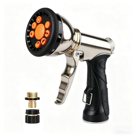 Livoanah Garden Hose Nozzle Heavy Duty, High Pressure Hose Sprayer with 9 Spray Patterns, Metal Water Hose Nozzle Leakproof for Car Washing, Lawn Care, Plant Watering, Patio Cleaning & Pets (orange)