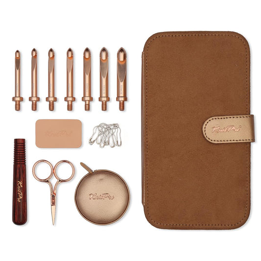 KnitPro Oasis Chunky Crochet Set - 1 Wooden Handle, 7 Hooks in Sizes 5.5mm to 10mm, 1 Rose Gold Scissors, 1 Tape Measure, 10 Metal Locking Stitch Markers, 1 Gripper