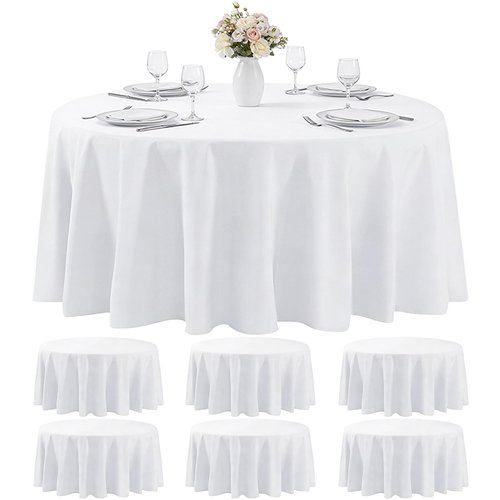 MRJ 6 Pack Round Tablecloth 120 Inch White Stain Resistant and Wrinkle Polyester Washable Table Clothes for Wedding Dining Birthday Events