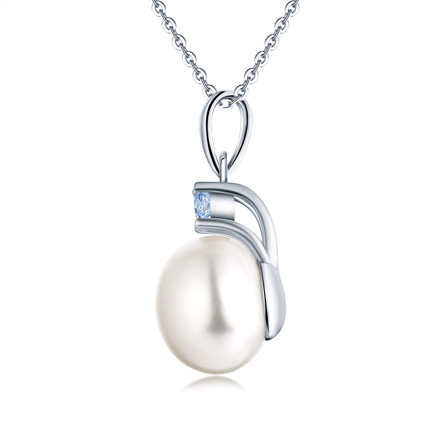 JO WISDOM Women Necklace,925 Sterling Silver Cubic Zirconia 10mm White Freshwater Pearl Pendant Necklace,March Birthstone Aquamarine Color