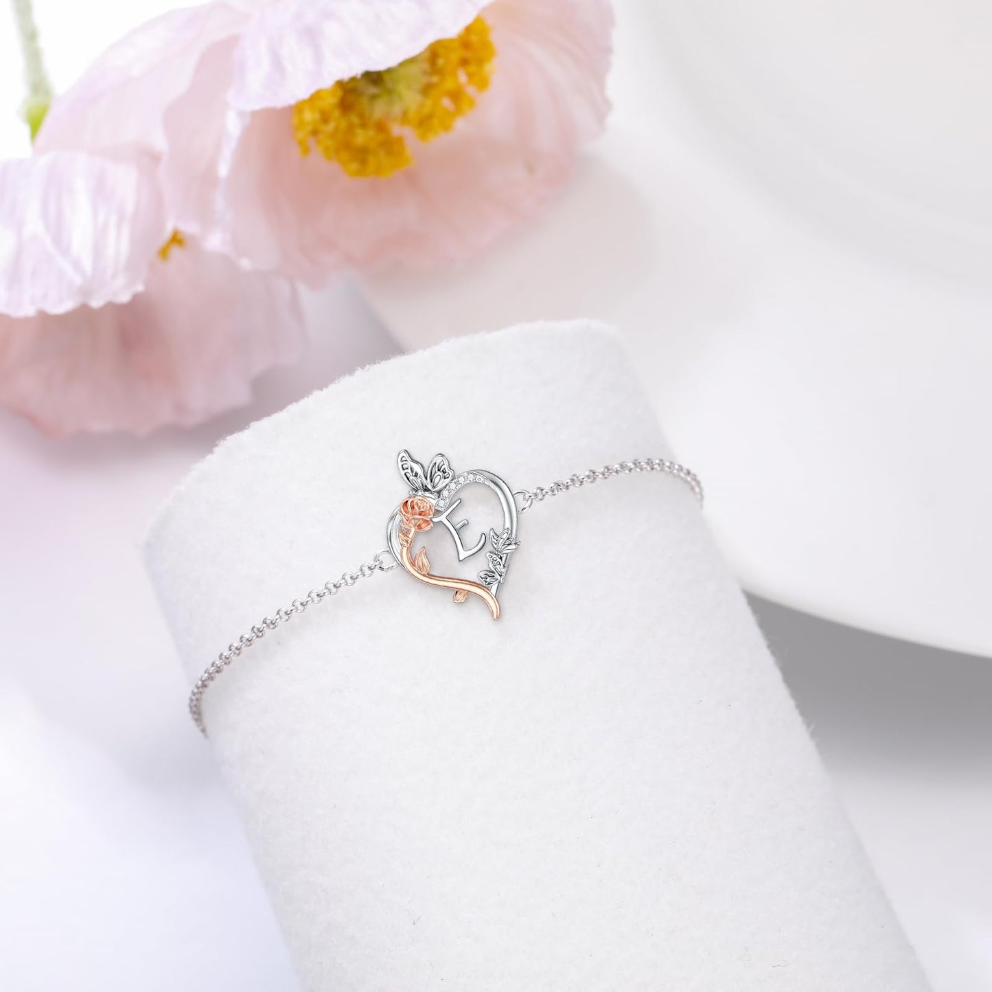 TOUPOP Rose Heart Bracelet for Women Sterling Silver Heart Initial E Letter Bracelet Butterfly Love Jewelry Anniversary Birthday Mothers Day Gifts for Mom Wife Her Girlfriend