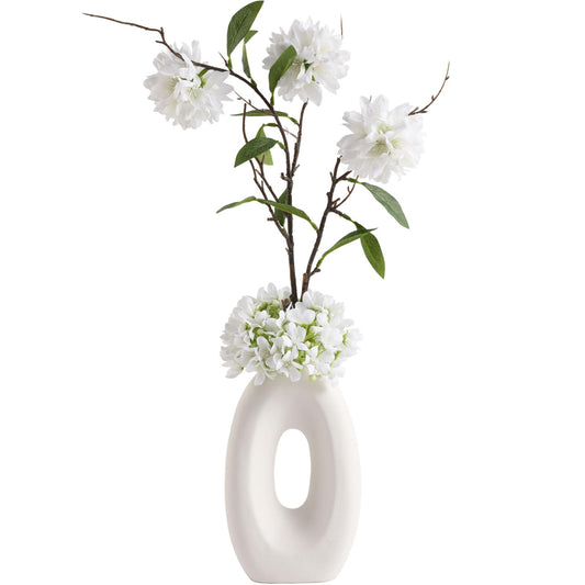 Joeabor Fake Flower Bouquet and Vase Set, Faux Flower Arrangement for Decorating Living Room and Offices, Realistic Artificial Flowers Made of Silk & Plastic, Floral Decoration with White Blossoms
