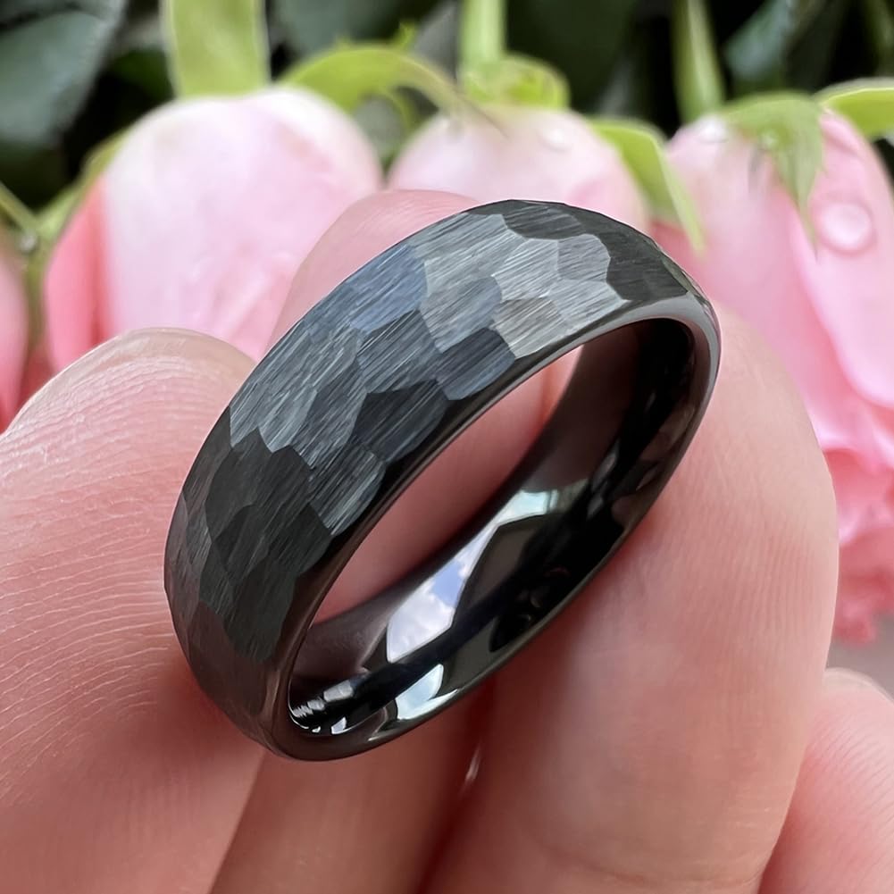 TUTISS 6mm Black Hammered Tungsten Rings for Men Women Fashion Engagement Wedding Bands Domed Matte Finish Comfort Fit Size 5