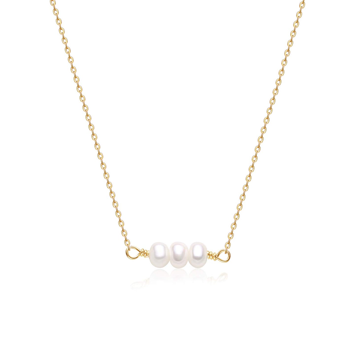 14K Gold Plated 3 Tiny Pearl Necklace for Women, Dainty Minimalist Pearl Choker, 14"+2" Adjustable Extension Chain, Delicate Layering Jewelry for Daily Wear & Gift