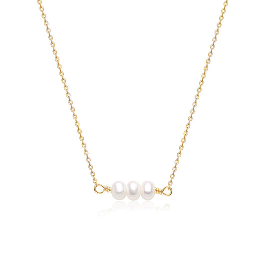 14K Gold Plated 3 Tiny Pearl Necklace for Women, Dainty Minimalist Pearl Choker, 14"+2" Adjustable Extension Chain, Delicate Layering Jewelry for Daily Wear & Gift